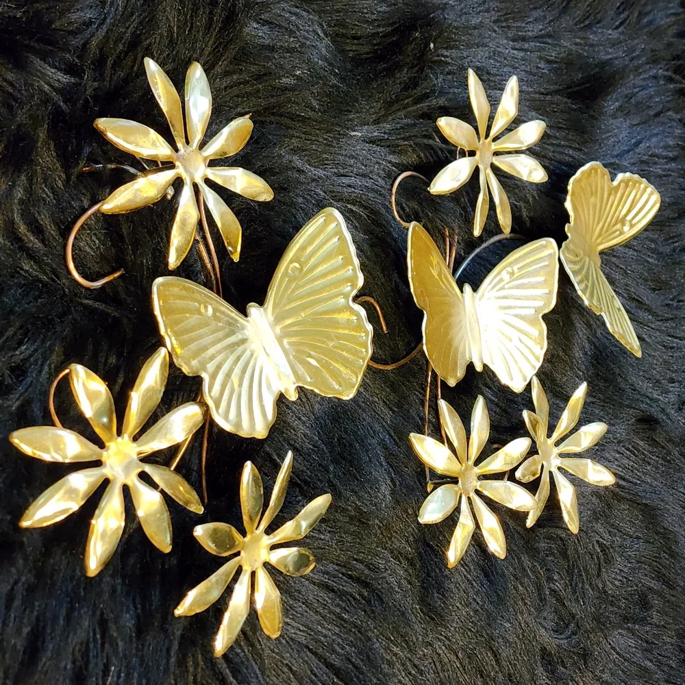 Set of 2 Vintage Brass Colored Metal Butterfly and Flower Wall Decor
